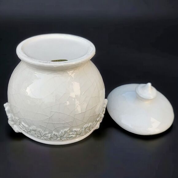 Fall Leaf Embossed Porcelain Crackle Glaze Small Covered Dish Storage Vanity Jar - Picture 8 of 10